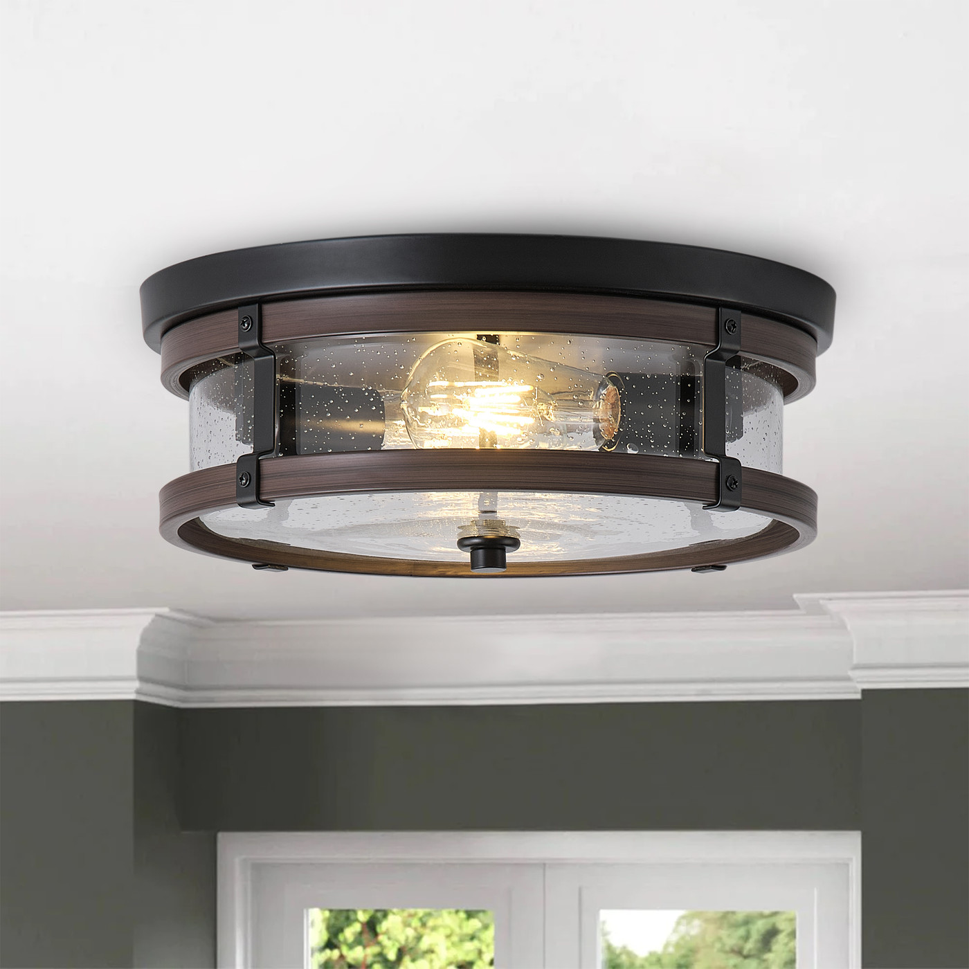 2-Light Oil-rubbed Bronze Industrial Semi Flush Mount Ceiling Light, Modern Farmhouse Close to Ceiling Light Fixture for Kitchen Hallway Bedroom Corridors