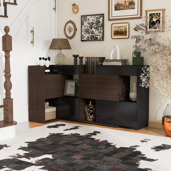 Euroco Set of 2, 32.5''-58.8''W Multifuctional Storage Cabinet, Buffet Sideboard with Drawer, Corner Cabinet for 44''H Window decor, Livingroom, Hallway, Entryway, Kitchen & Office - Black&Walnut