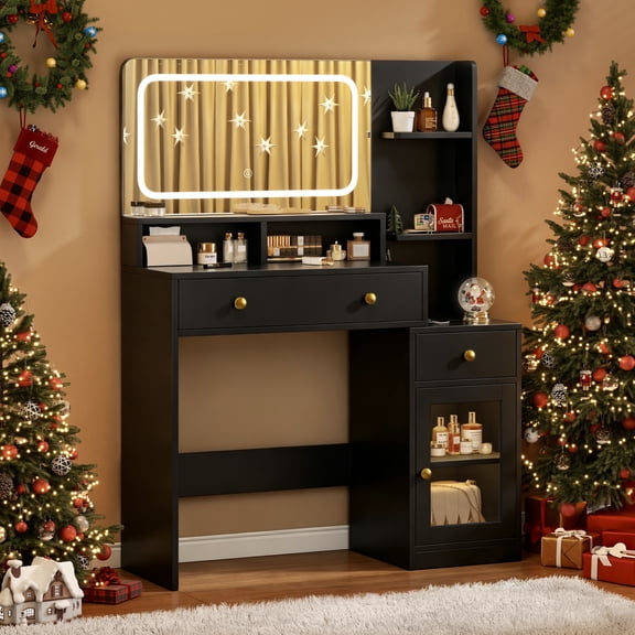 Satifur Vanity Set with Mirror & Lights, GRWM Vanity Desk with Drawers & Storage Shelves, Black
