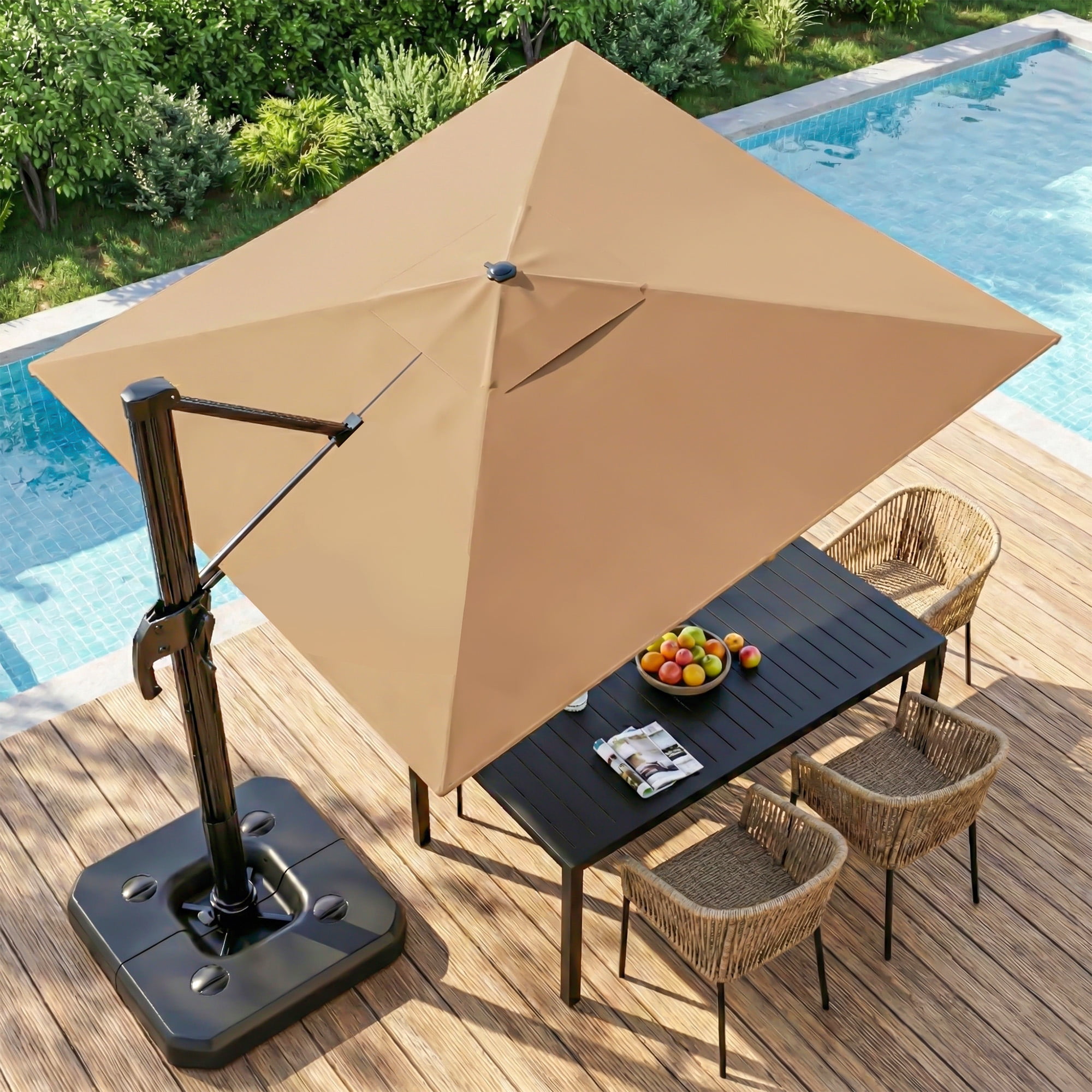 LAUSAINT HOME Outdoor Patio Umbrella with Base Included, 9 Feet Large Cantilever Windproof Offset Umbrella with 360-degree Rotation for Backyard, Pool, Lawn, Deck, Beige
