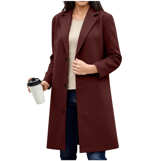 Wensltd Notched Collar Wool Overcoat for Women Classic Button Pocket Solid Color Slim Fit Office Winter Coat