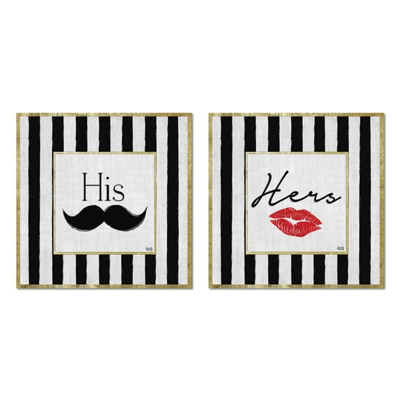 Black and White Striped Mustache and Lips "His" and "Hers" Adult Decor; 2 - 12" x 12" Unframed Posters