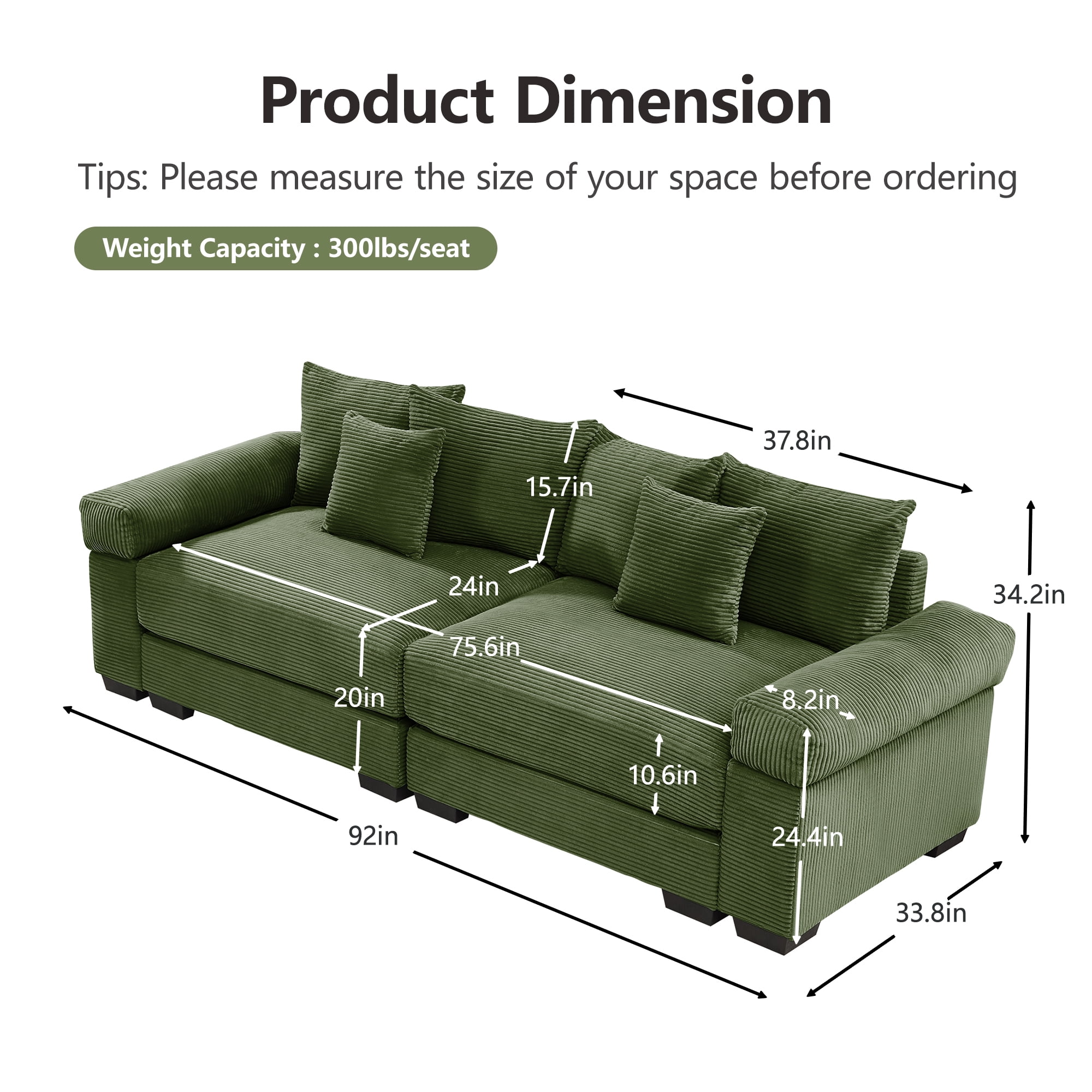 Anpport 92" Cloud Modular 2-Seater Green Corduroy 2-Seater, Washable Removable Covers, Double-Layer Thick Cushions, Wide Armrest, Small Apartment Sofa