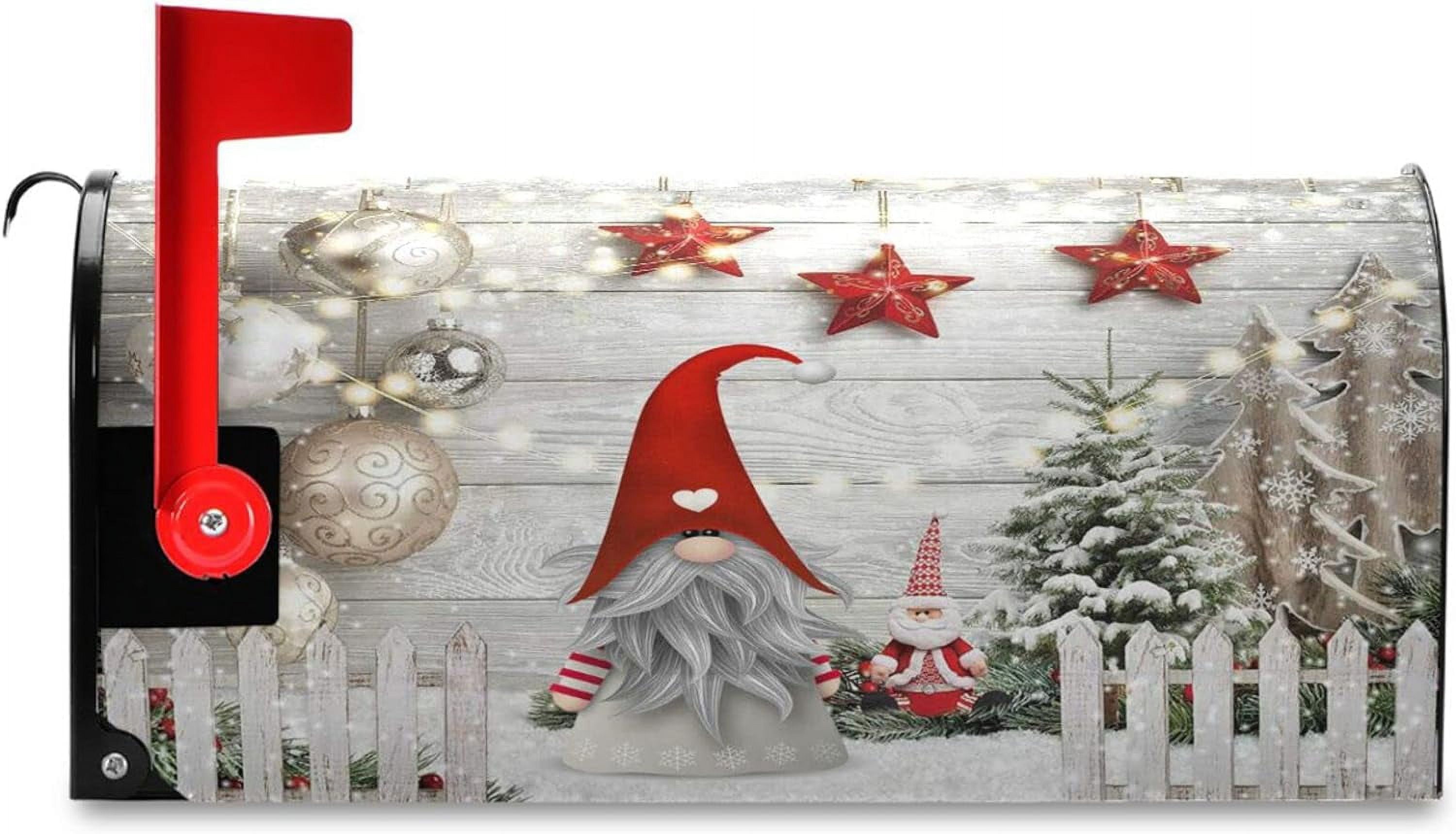 Christmas Winter Gnome Mailbox Covers Magnetic Xmas Tree Balls Mailbox Cover Wraps Standard Size 18"X21" Post Letter Box Cover Garden Decorations