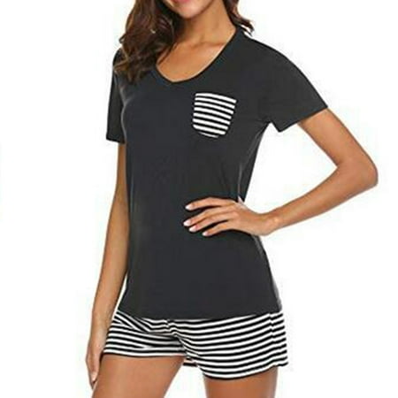 

Yesbay 2 Pcs/Set Lady Pajamas Sets Stripe Shorts V Neck Short Sleeve Casual Women Shorts Sets for Home
