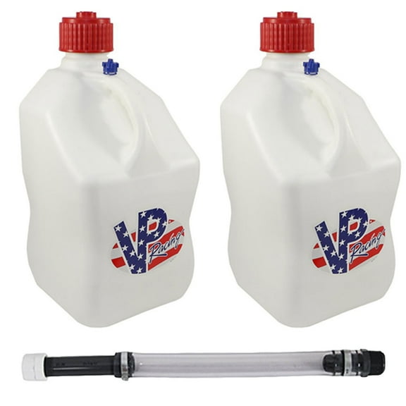 VP Racing 35221-CA 5.5 Gal. Square Patriotic Motorsport Container w/ 14 Inch Deluxe Filler Hose Close-Trimmed Cap and Neck for Tighter Seal