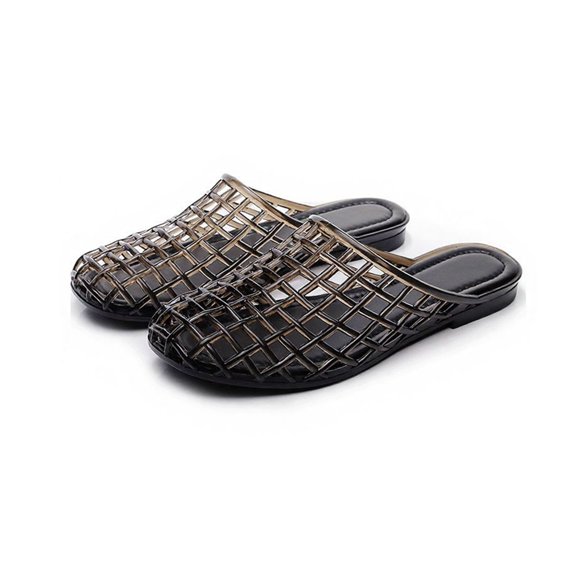 Primegos Women Lattice Mules, Closed Toe Breathable Slippers, Summer Slip-on Jelly Shoes Siesta Flats for Beach Vacation Daily Errands