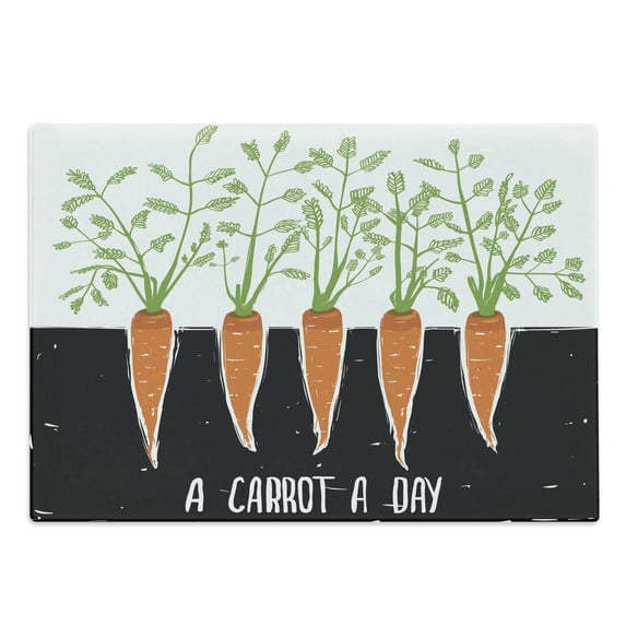 Vegetable Cutting Board, Carrot Roots Growing Bedding Plants Farm Food Ecology Theme and Words, Decorative Tempered Glass Cutting and Serving Board, in 3 Sizes, by Ambesonne