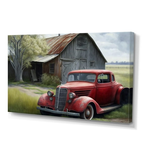 Designart Red Car By Barn Canvas Wall Art