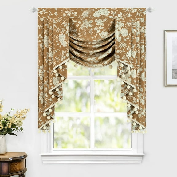 VOGOL Vintage Chenille Valance Curtain, Brown Floral Print with Pom Pom Trim, 43" x 39"