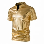 ZCFZJW Men's Short Sleeve Slim Fit Glitter Party Street Tee Shirt Casual Metallic Stand Collar T-Shirt Streetwear Nightclub Tshirts Tops Gold M