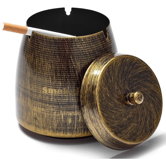 Ashtray with Lid for Outside Patio, Windproof Ash Tray, Bronze Smokeless Ashtray for Outdoor Home Office Tabletop Patio Outdoor Balcony