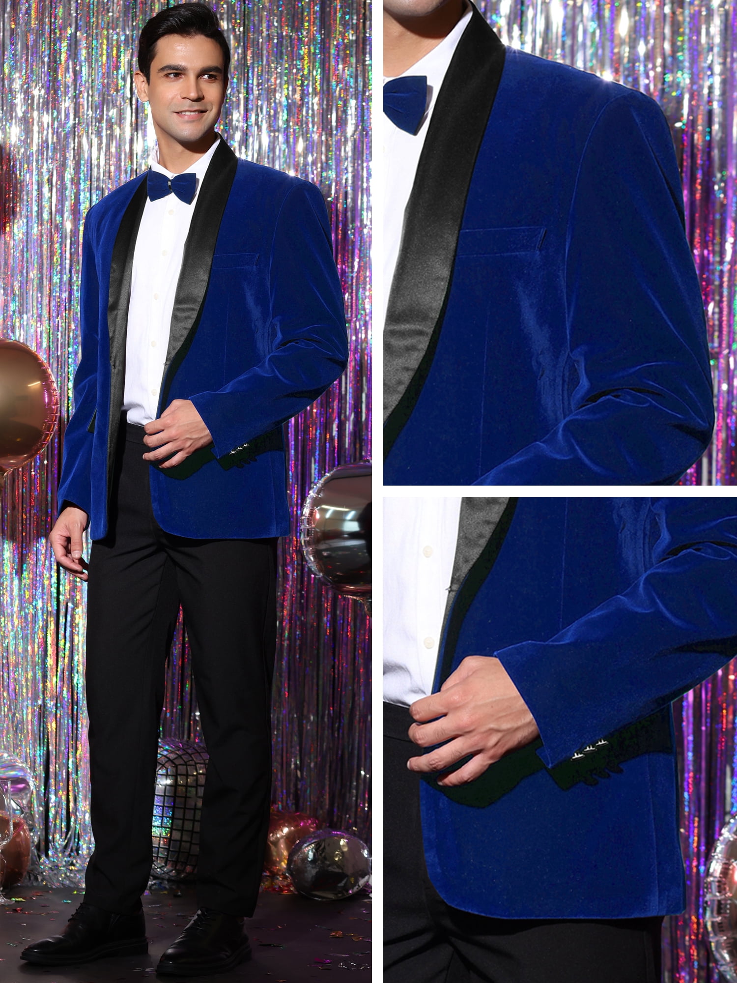 Unique Bargains Men's Slim Fit Shawl Lapel One Button Wedding Velvet Tuxedo Blazer L Blue