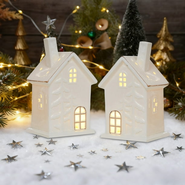 Eoozwa Ceramic Christmas Decor Set Christmas Tree Luminous Deer Snowman Villa Figurines Battery Powered Night Light for Holiday Tabletop Scene