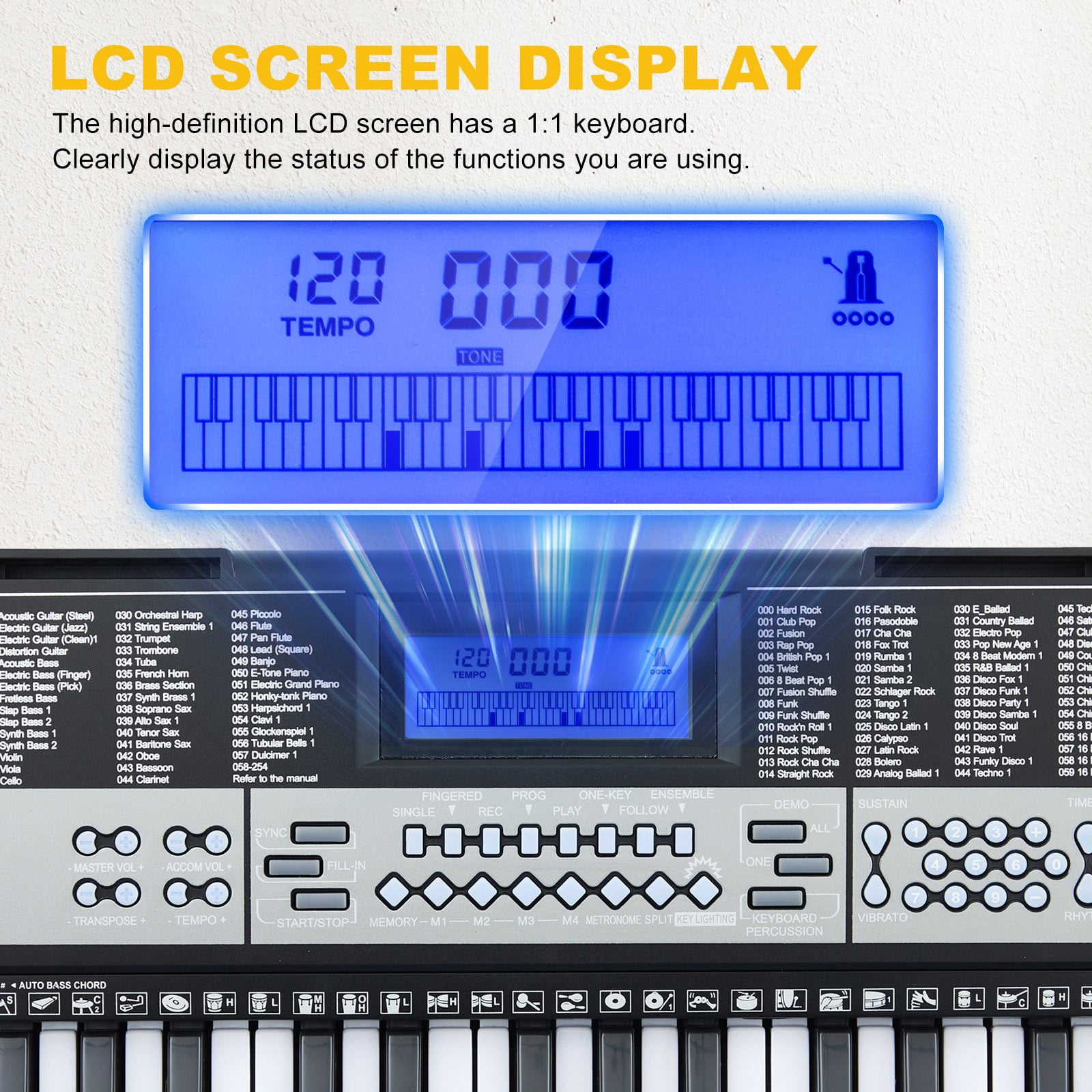 61 Keys Electric Piano Keyboards with Lighted Up Keys,255 rhythms,Bench,Stand,Headphone,Microphone(Black)