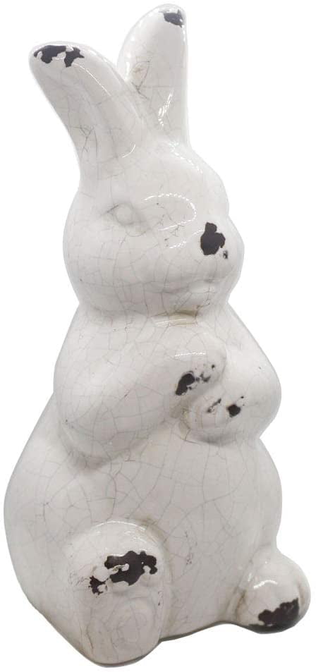 Ceramic White Bunny Rabbit Statue Figurine Easter Spring Decoration Antique Vintage with Distressed Rustic Bunny Figurine Home Decor Table Centerpiece Mantel Shelf Ornament Gift