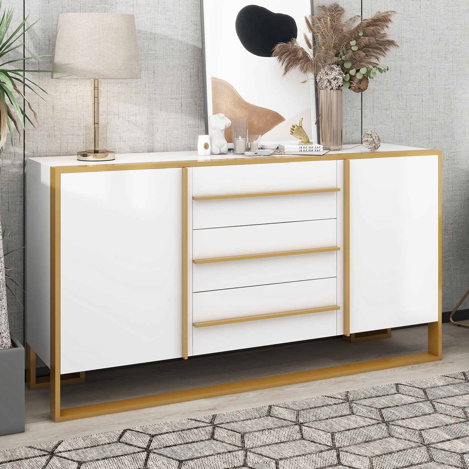 Kadyn 59"L Sideboard, Kitchen Storage Cabinet with Large Storage Space and Gold Metal Legs for Living Room, White
