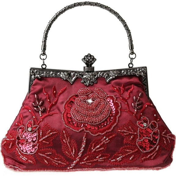 Womens Vintage Floral Beaded Rhinestone Embroidery Clutch Sequin Crossbody Bag Evening Handbag for Bridal Wedding Party Prom