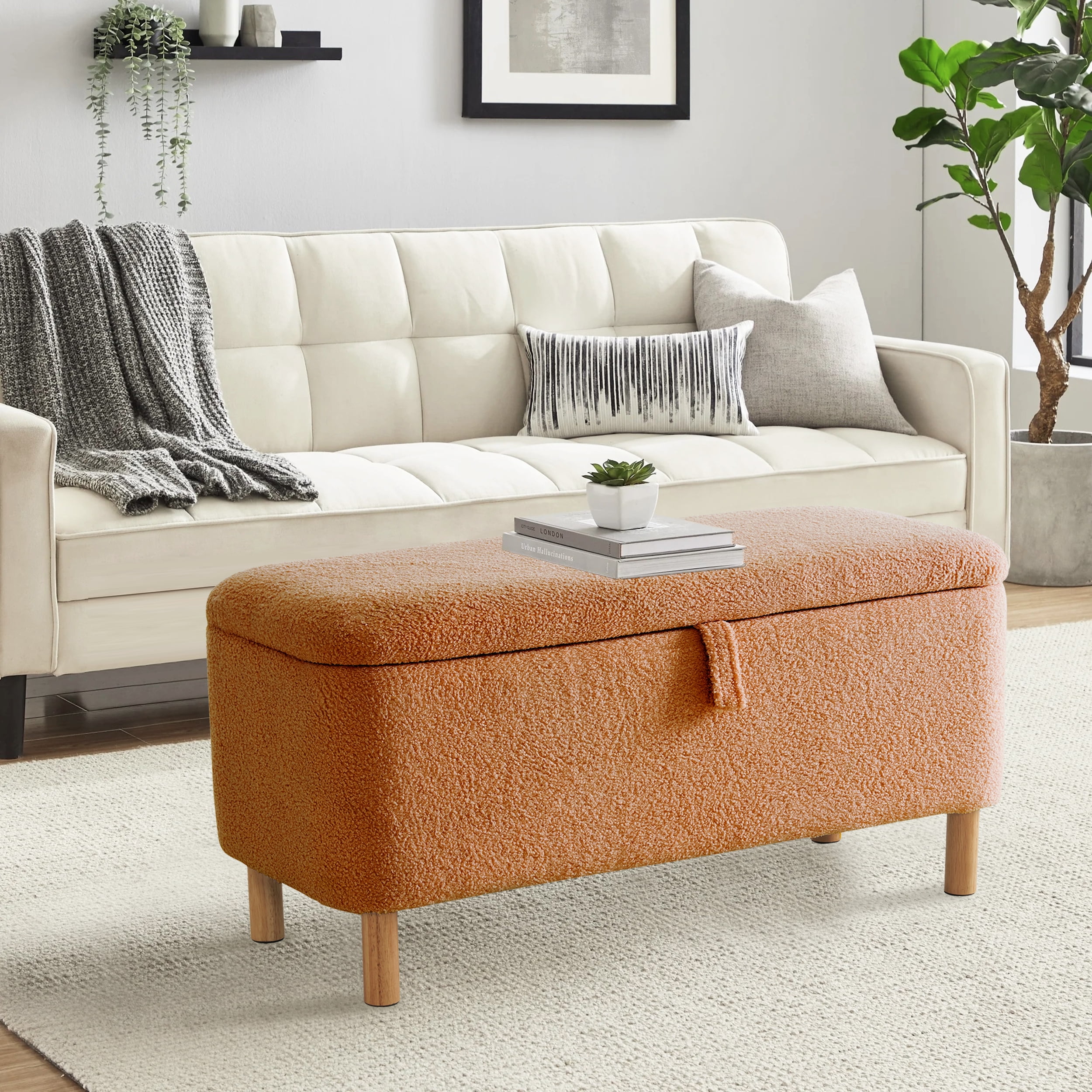 Othniel 39.5" Orange Boucle Storage Ottoman Bench Wood Legs Modern Footrest for Living Room Bedroom
