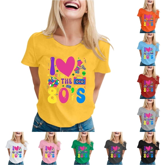 Trendfront Womens Retro 80s Graphic Tee I Love The 1980s Crewneck Short Sleeve T Shirt Neon Party Casual Summer Tops