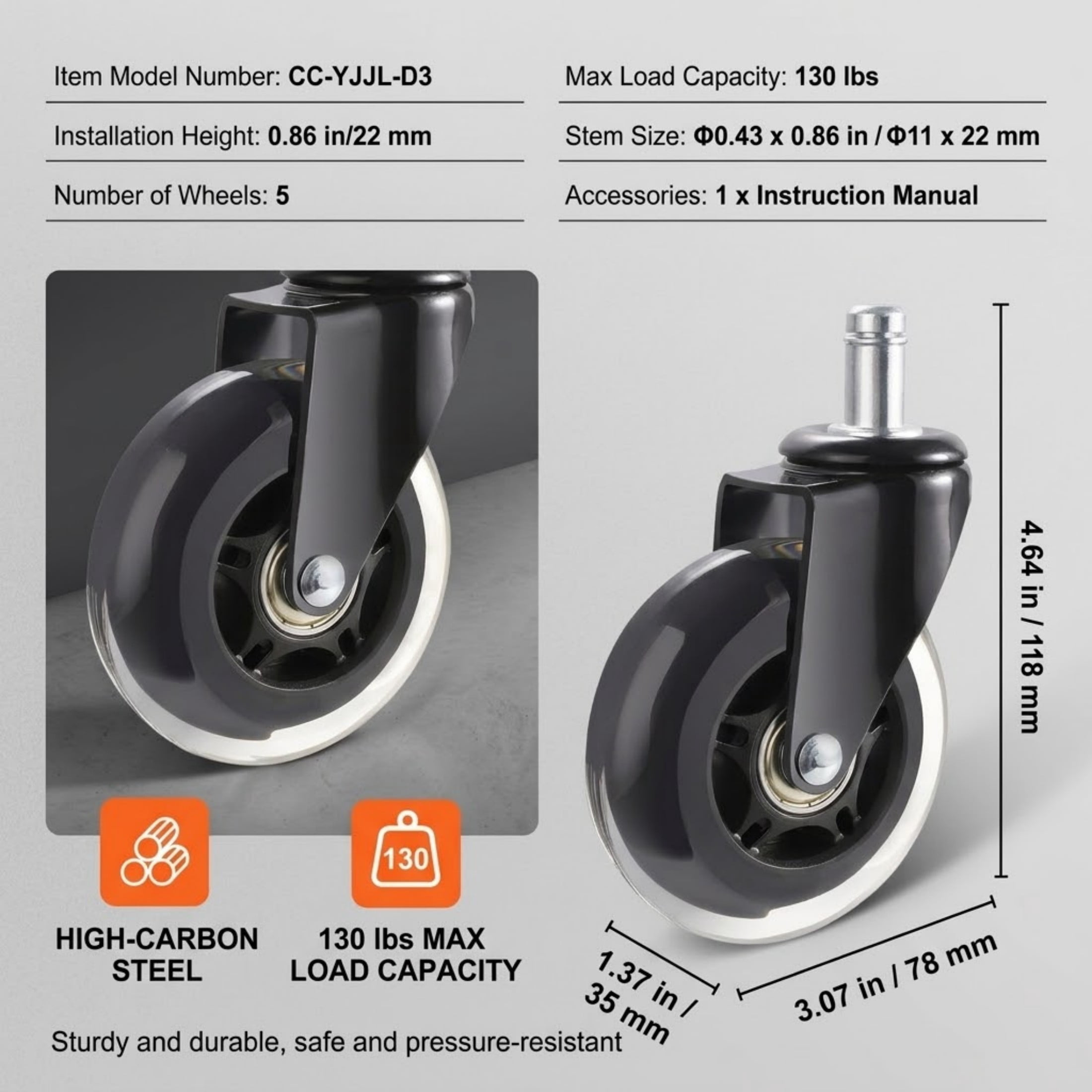 5-Pack 3" Office Chair Wheels Replacement, Heavy Duty Caster Wheels for Hardwood Floors and Carpet, Universal Fit, 130 lbs Capacity