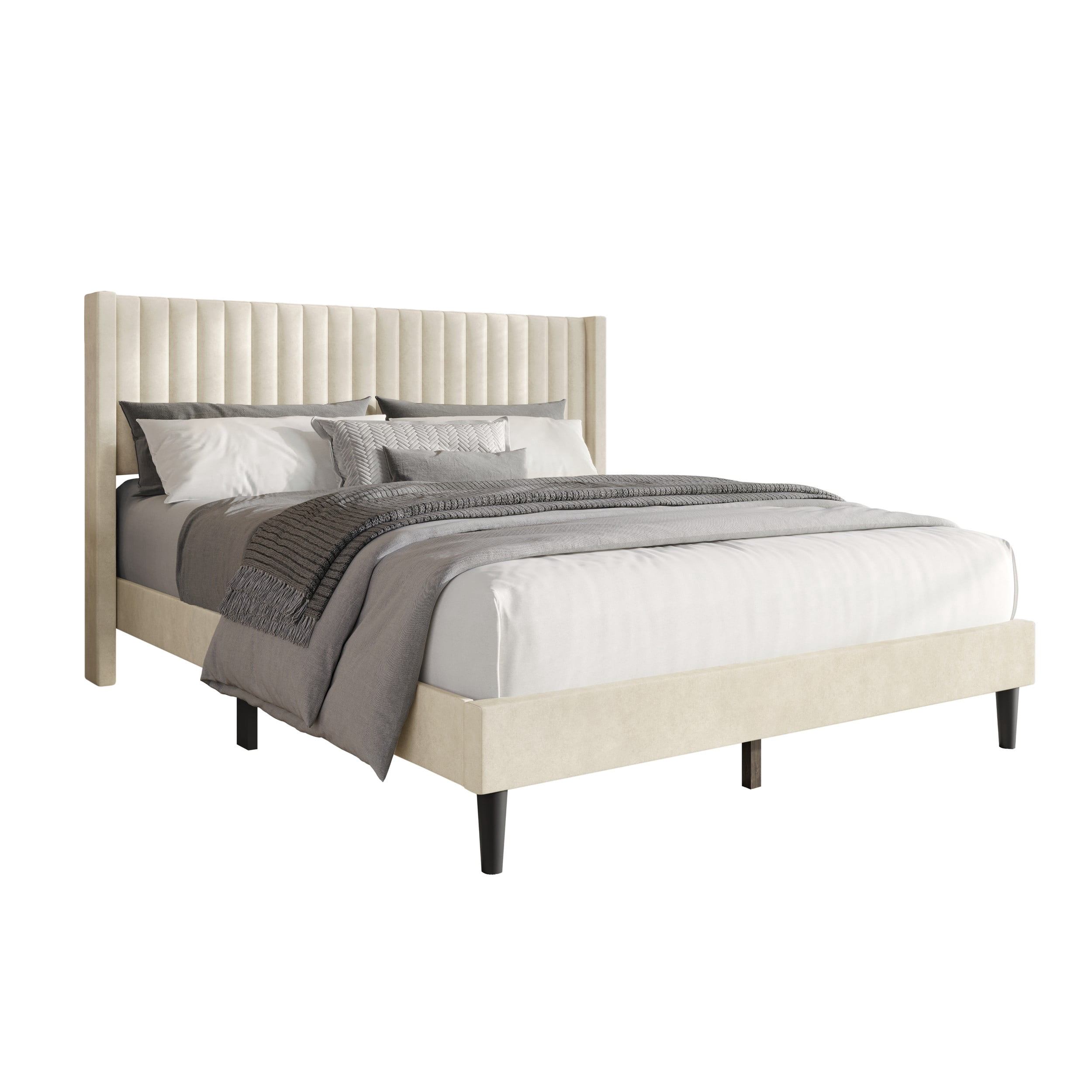 Favorer Montrose Upholstered Wingback Bed, Channel Tufted Headboard, Platform Design