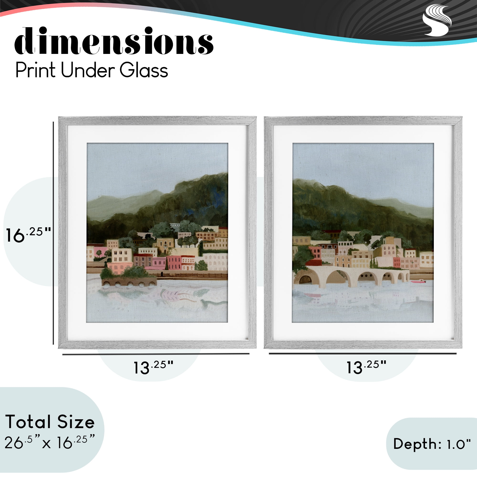 Stupell Industries Mountain Town by Sea 2 Piece Gray Framed Print Under Glass Set, design by Grace Popp
