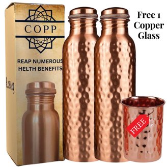 Pure Copper Water Bottle 34 Oz With Sip Cap - Hammered Ayurvedic Vessel For Health & Hydration