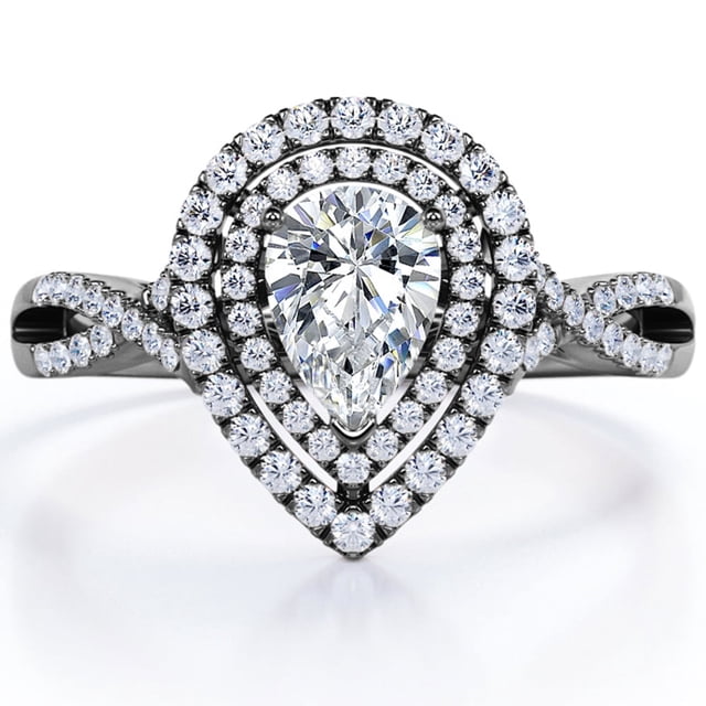 JeenMata Anillo de Compromiso con Halo Doble, Cuerpo Retorcido Infinito, Moissanita en Forma de Pera de 1,75 Quilates, Chapado en Oro Negro de 18 K sobre Plata
