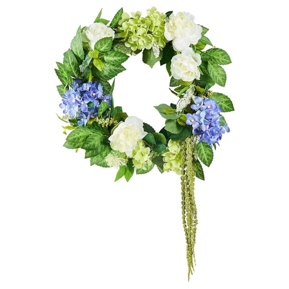 Spring Wreath for Front Door 24 Inch - Artificial Hydrangea Wreath with Peonies, Year-Round All Season Outdoor Indoor Decor (Blue White Green Summer Floral)