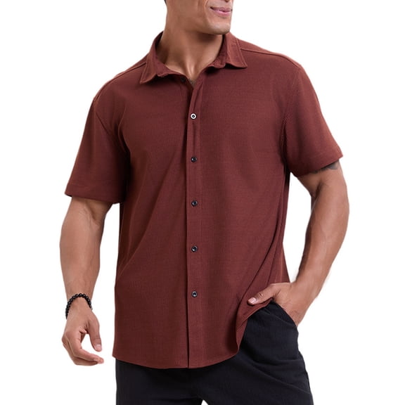 LMOIPLI Men's Short Sleeve Textured Button Down Shirt Loose Fit Casual Fashion Streetwear Summer Daily Solid Tops Brown XXXL