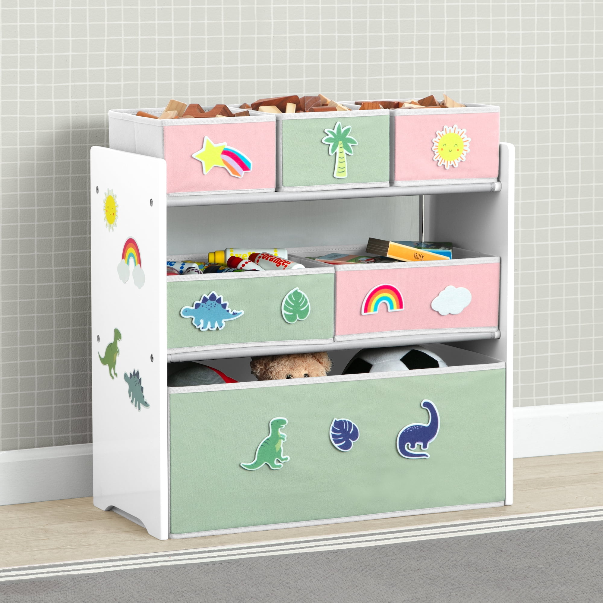 Delta Children Design & Store 6 Bin Toy Storage Organizer with Interchangeable Patches, Green/Pink