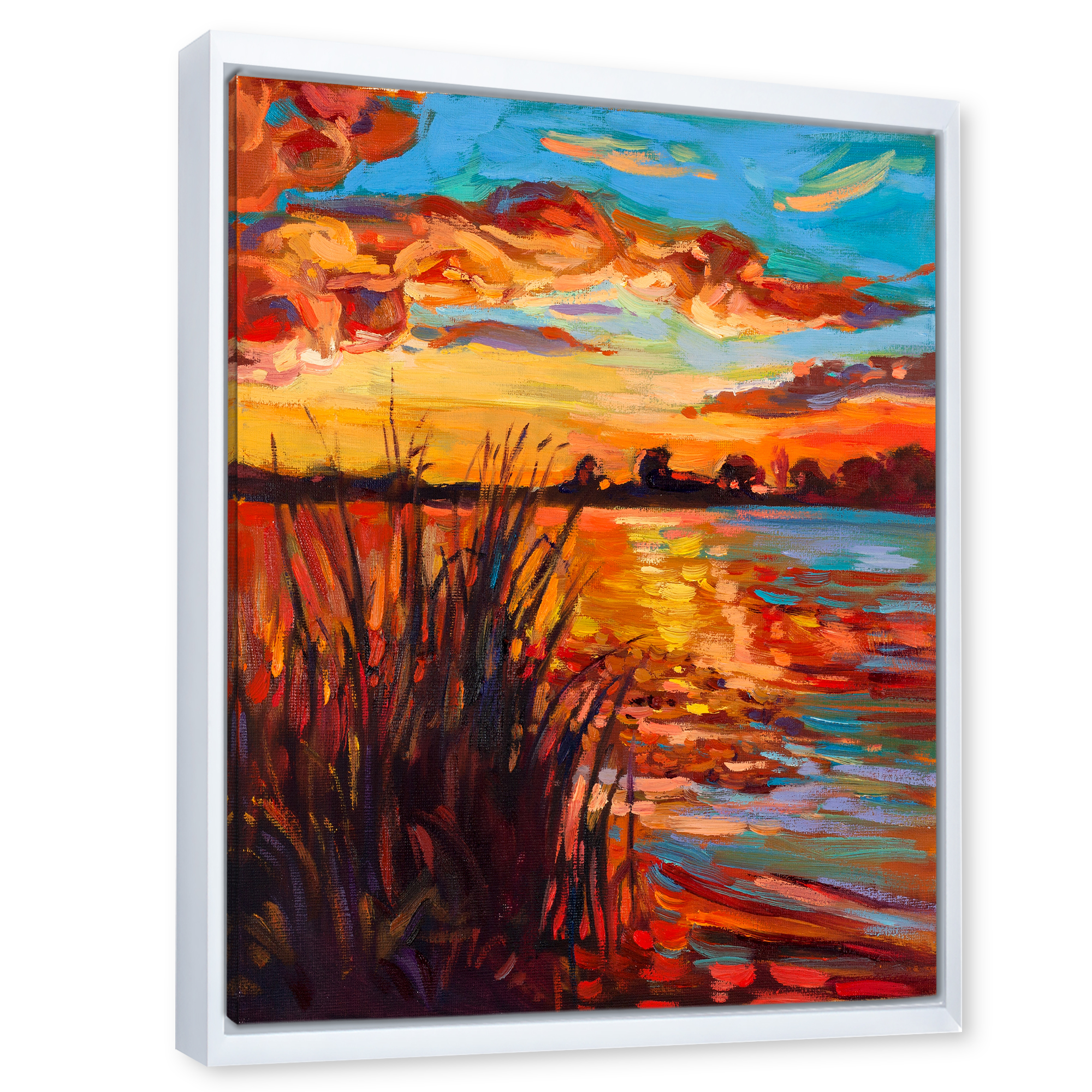 Designart 'The Lake At Sunset Evening Glow I' Nautical & Coastal Framed Canvas Wall Art Print