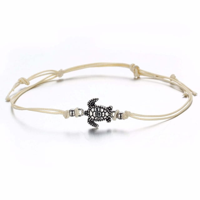 Vintage Wax Rope Anklet Bracelet Ancient Silver Three-color T Urtle Beach