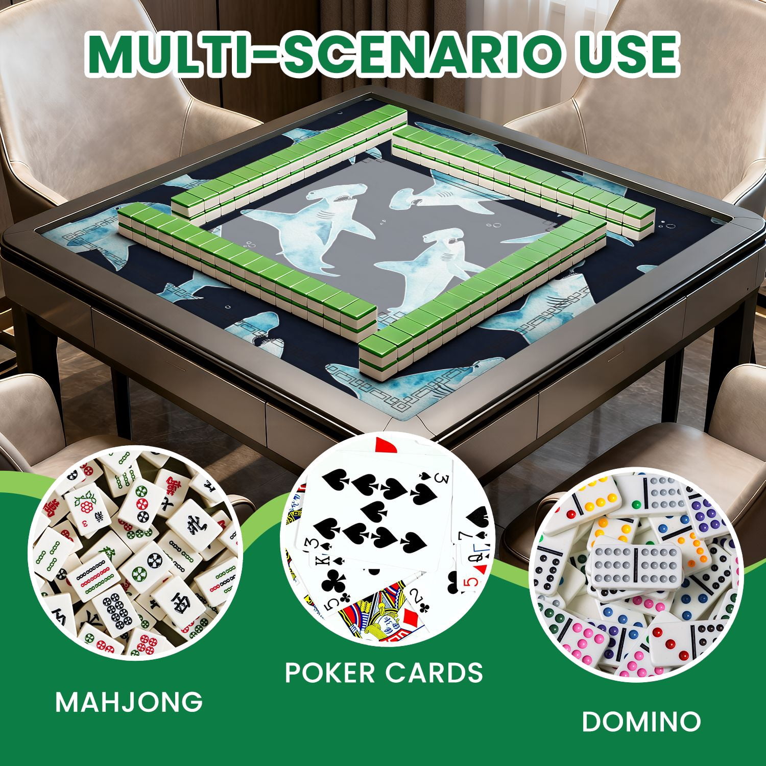 Mahjong Mat 31.5" x 31.5" Seamless watercolor hammerhead shark Non-Slip Noise Reduction American Mahjong Tiles Table Cover for Dominoes Poker Card Board Games Gift