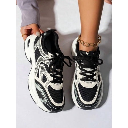 New Women Casual Chunky Sneakers – White Lace-Up Round Toe Mixed Material Breathable Graffiti College Style Student Shoes for Outdoor Hiking & Casual Commuting 2026