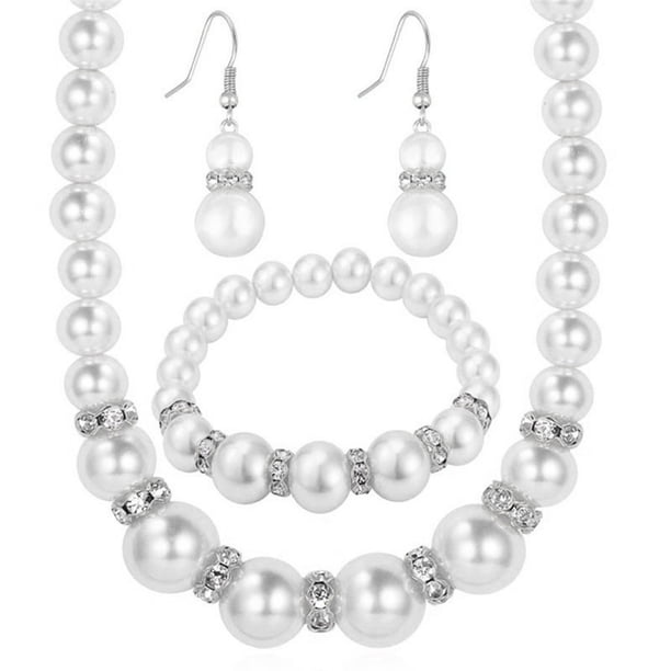 Plata Perla Rhinestone Set Natural Freshwater Pearl Collar Set Incluye Impresionante Collar Pulsera y Pendientes Regalo de joyería para las mujeres