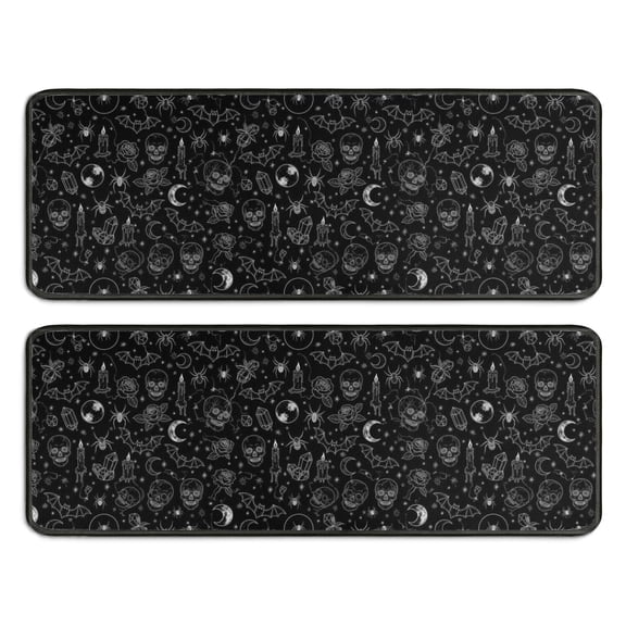 Kitchen Rugs Sets Of 2,Black White Halloween Skull Bat Moon Pattern Anti Fatigue Kitchen Mat Rugs Non Slip Washable,Decorative Kitchen Floor Mats for Kitchen,Sink,Laundry,17"x47" 17"x47"