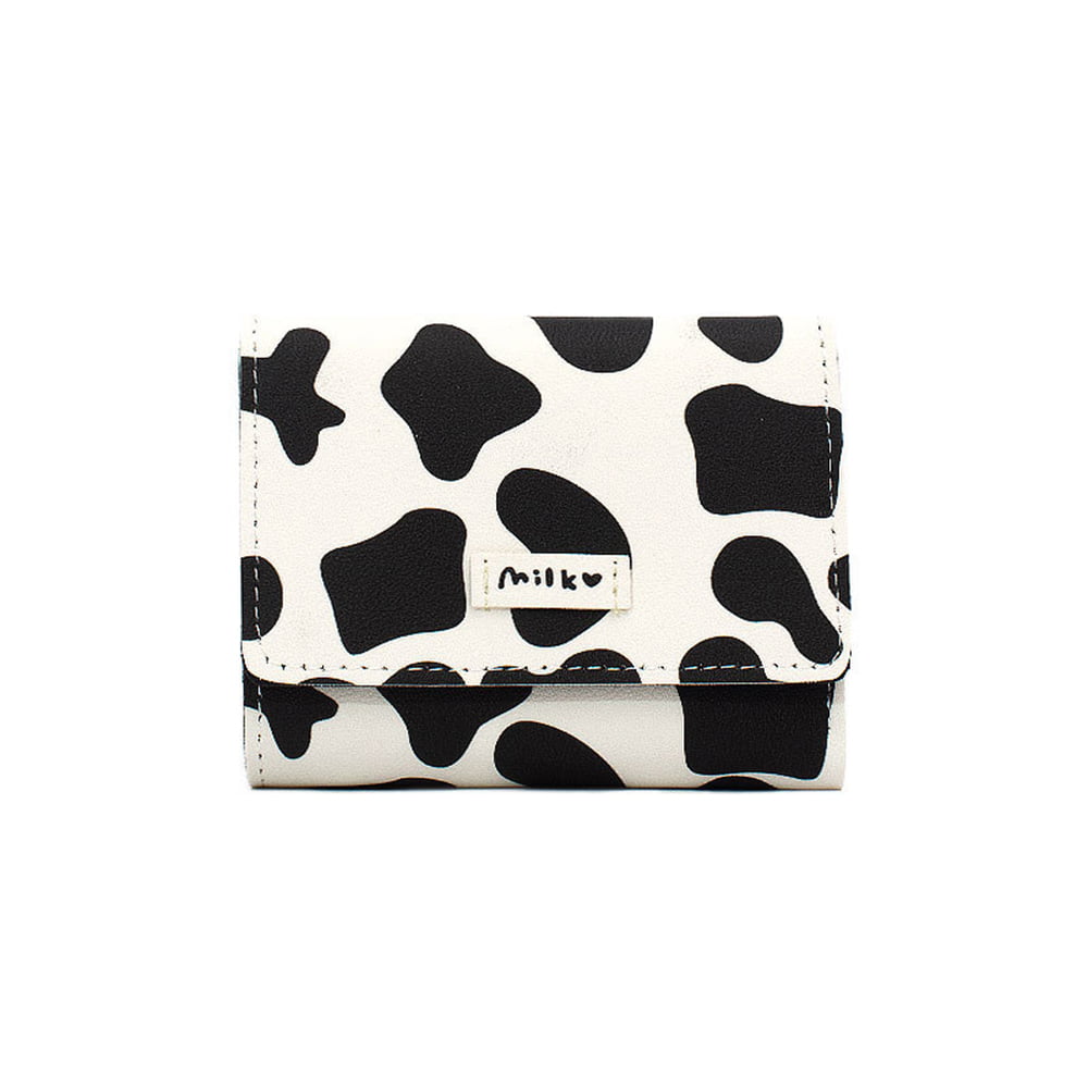 Girls Cute Cow Print Tri-folded Wallet Small Wallet Cash Pocket Card Holder ID Window Purse for Teen Women BLACK WHITE 