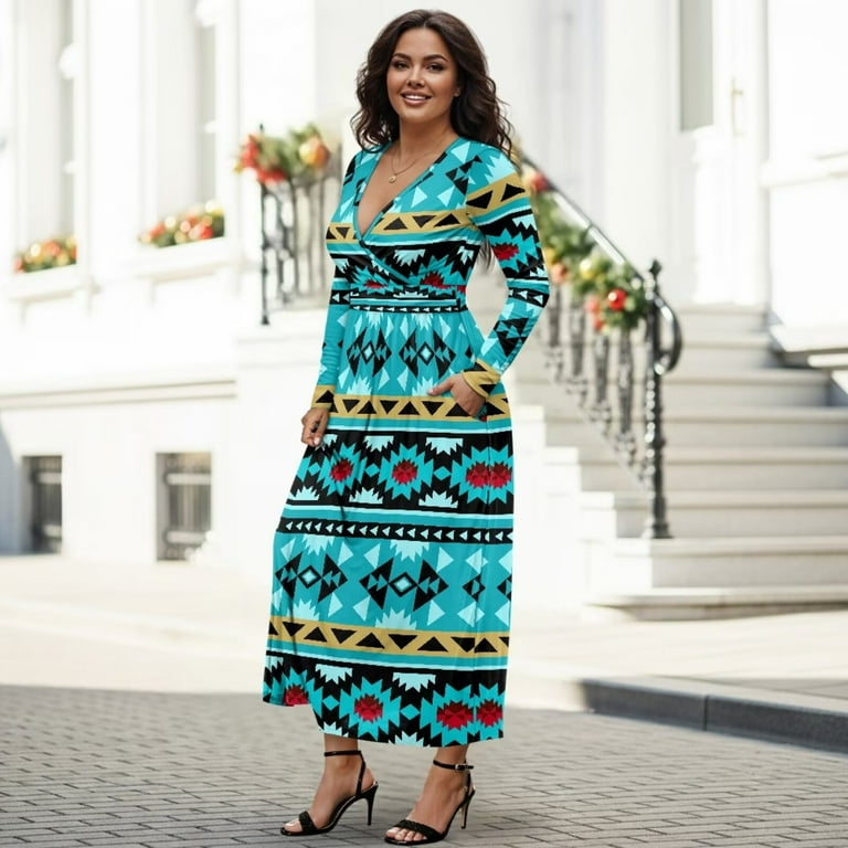 tribal long sleeve dress Fkelyi American Tribal Geometric Print Womens Fall Dress Long Sleeve Maxi Dress for Wedding Party Casual Outdoor Cloth V Neck Soft Dresses with Pocket