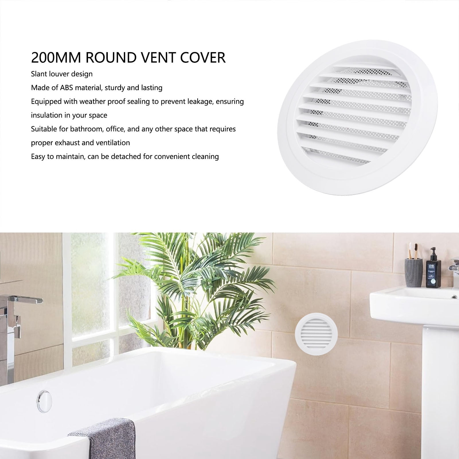 Riousery 8 inch / 200mm Round Vent Cover White ABS Plastic Slant Louver Vent Grille Cover for Bathroom Kitchen Office