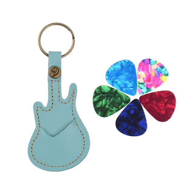 Leather Guitar Pics Étui Sac Forme de Guitare avec Porte-Clés 5pcs Celluloïd Guitare Pics Cordes Accessoires d'Instrument