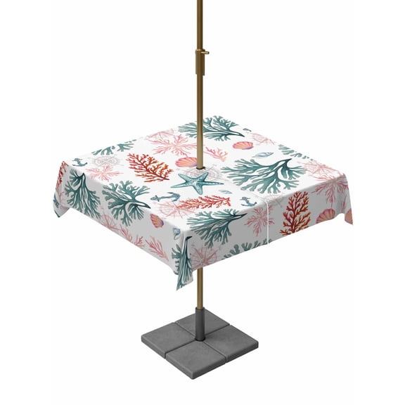 Outdoor Tablecloth with Umbrella Hole for Patio/Picnic/Party/Camping, Coral Coastal Waterproof Table Cloth Square Cover Washable, Blue Red Nautical Summer Beach Ocean (54"x 54")