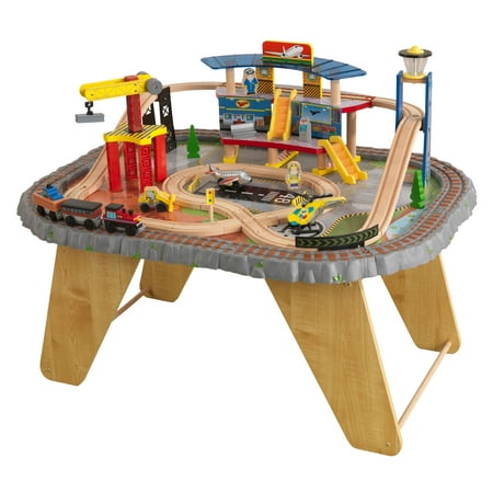 KidKraft Transportation Station Wood Train Set & Table with Airport, Helicopter, 58 Pieces
