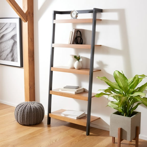 SAFAVIEH Beauregard 5 Tier Leaning Etagere Bookcase, Natural/Charcoal (31.5 in. W x 11 in. D x 72.4 in. H)