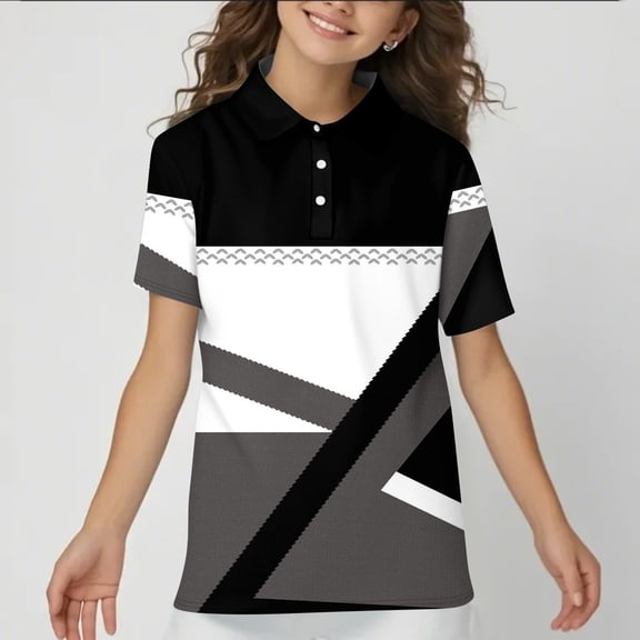 CCRFTGI Polo Shirts for Children Girls 7-8 School Uniform Print Shirt Athletic Tennis Button Down Collared Polo Casual Short Sleeve 2026 Summer T-Shirts Dark Gray 9-10 Years