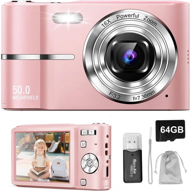 Cámara Digital, Camaras Fotografíacas, Digital Camara Vintage HD 1080P 50MP, Cámara de Video con Tarjeta 64GB, Enfoque Automático con Zoom 16X, 2.5'' Mini Camara para Niños y Niñas Plateado,Rosa