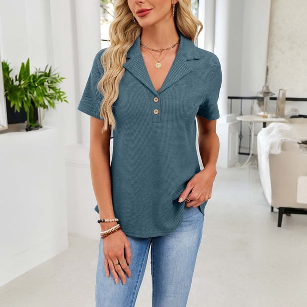 Xuyuer Womens Short Sleeve Collared Polo Tops V Neck Button Down Fitted Shirts Casual Fashionable Top