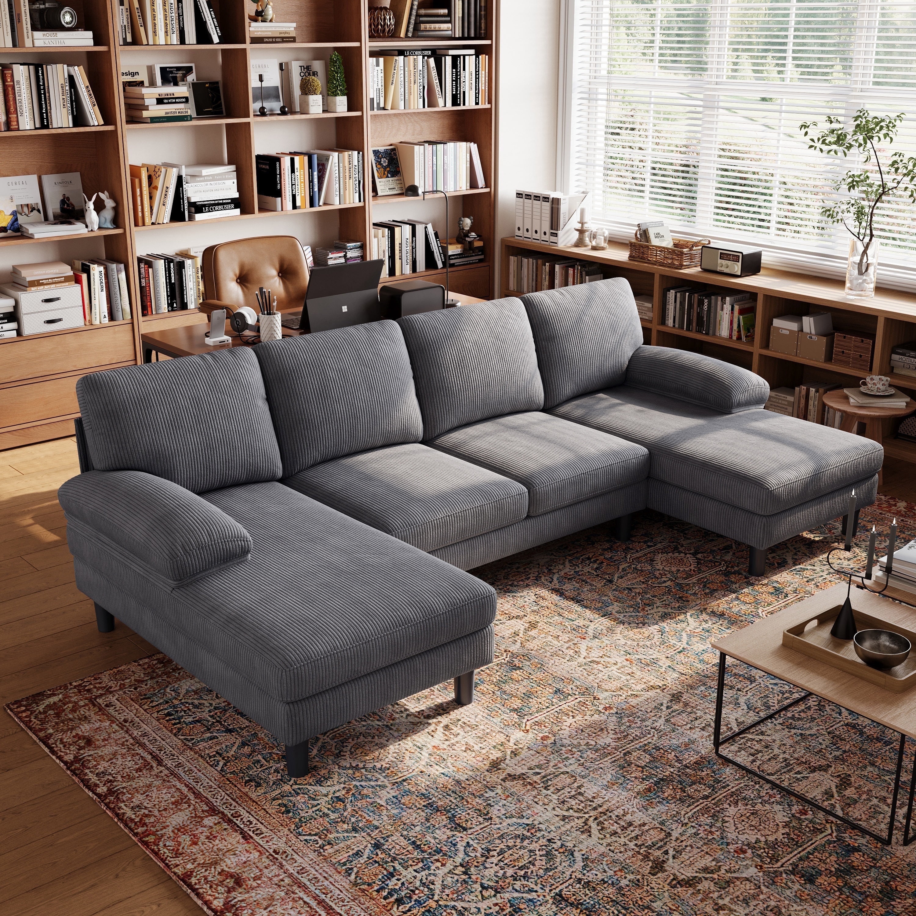LINSY HOME Sectional Sofa for Living Room, U-Shaped Sofa Couch with Corduroy Fabric, 4 Seat Sofa with Double Chaise for Apartment, Dark Gray