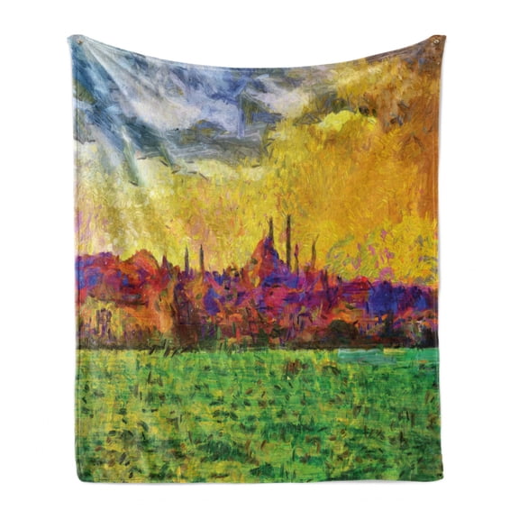 Impressionist Soft Flannel Fleece Throw Blanket, Landscape Painting of Istanbul City Shoreline Famous Bosporus, Cozy Plush for Indoor and Outdoor Use, 70" x 90", Multicolor, by Ambesonne